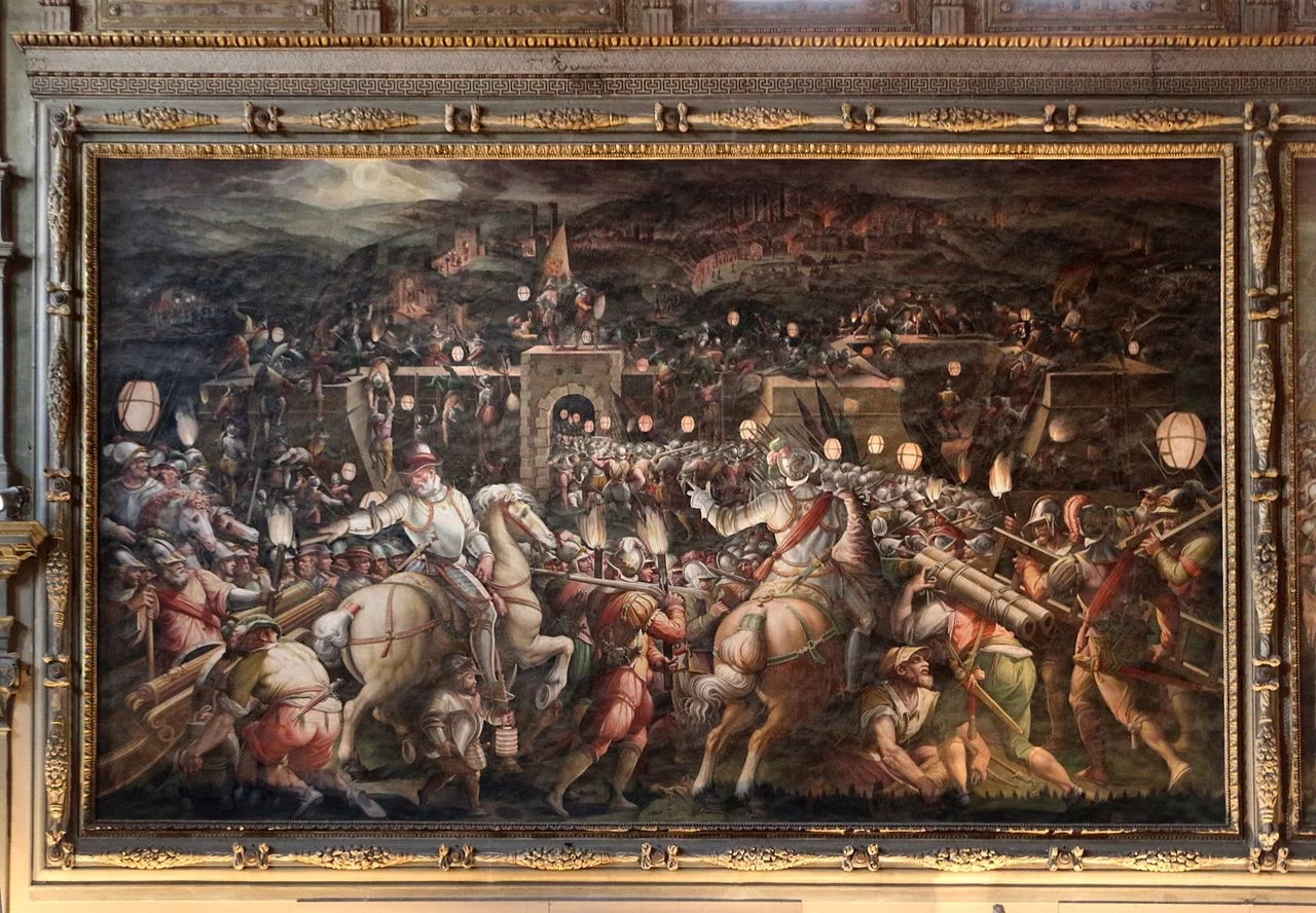 E aiuti, presa di Siena con l'assalto alla fortezza presso Porta Camollia, 1570 - Salone dei 500, Palazzo Vecchio, Firenze